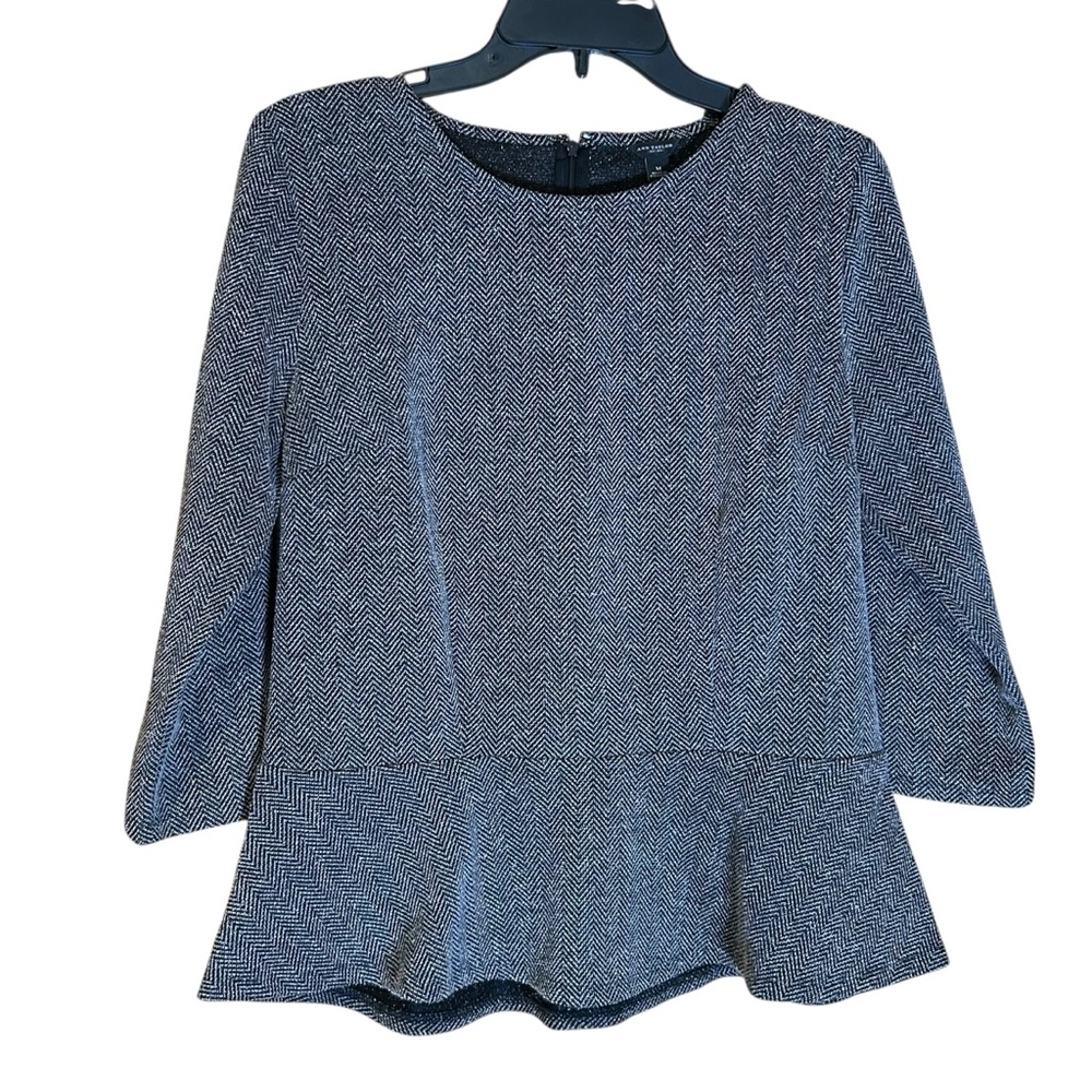 Ann Taylor Black White Herringbone Peplum Topโ 3/4 Sleeve Medium Structured Knit